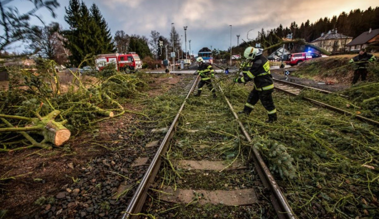 Na trať u obce Hranice spadl suchý strom, narazil do něj vlak. Doprava stojí