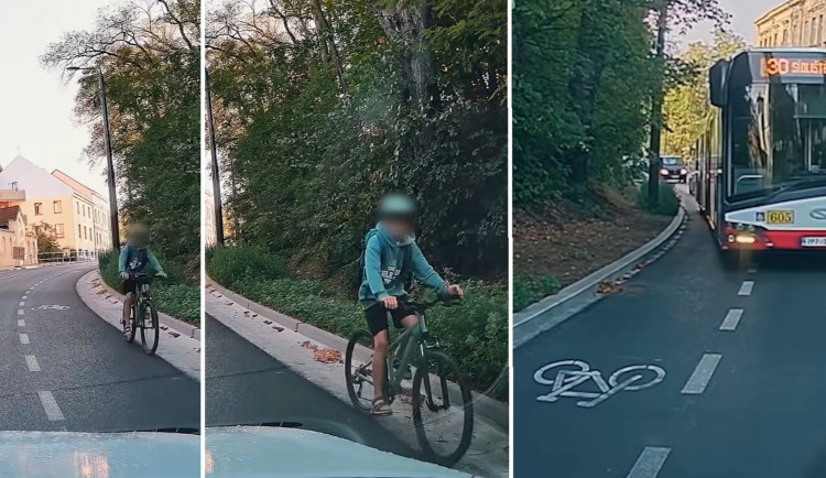 Video zachytilo chlapce na kole, jak sjíždí v protisměru speciálním cyklopruhem
