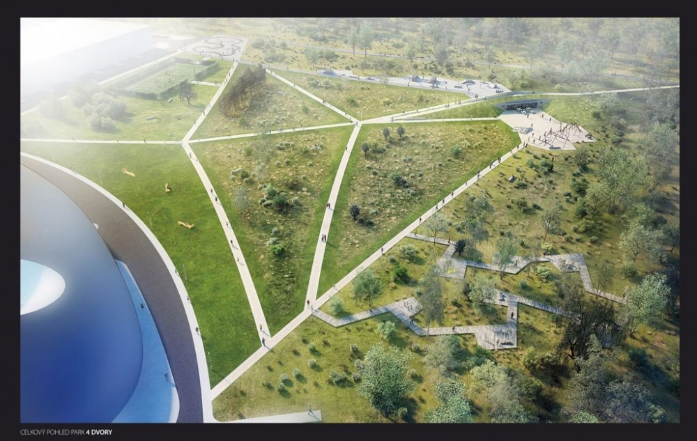 Celkový pohled na Park Čtyři Dvory ještě s Rejnokem podle původního návrhu, který byl během vypracování studie pozměněn