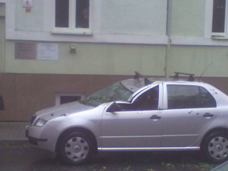 Pád větve stromu na zaparkovaná auta v ulici Československých legií. Foto Ivana Prouzová