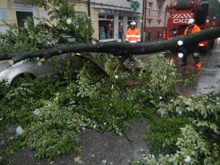 Pád větve stromu na zaparkovaná auta v ulici Československých legií. Foto HZS Jihočeského kraje