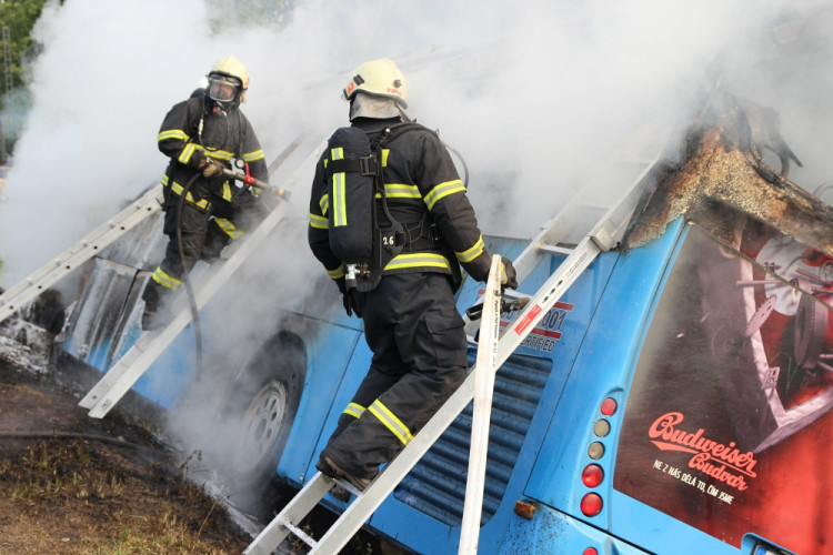 Zásah hasičů u nehody autobusu poblíž Plané