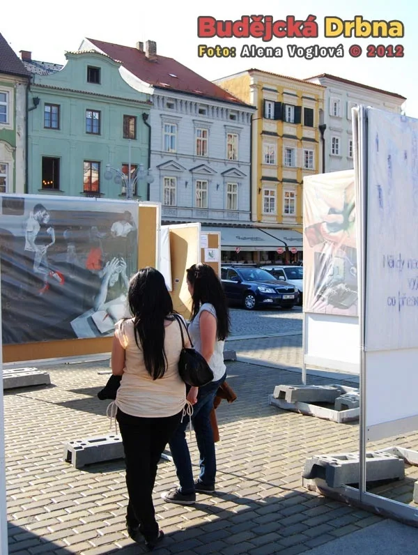 Studenti obdivují plátna na náměstí Přemysla Otakara II.