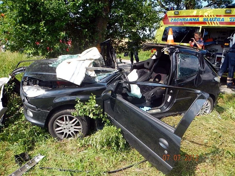 Peugeot 206 po nárazu do stromu u Nesměně