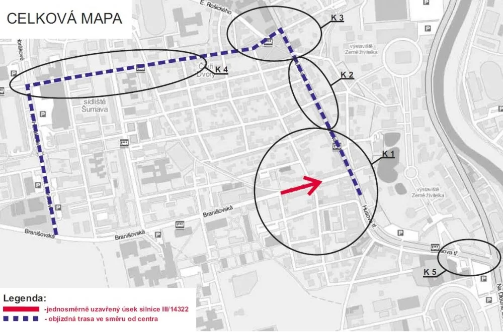Mapa uzavírky a objízdné trasy