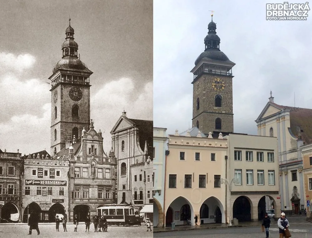 Záložna českobudějovická postavená na rohu náměstí v roce 1908 v novorenesančním stylu na snímku z doby tramvajové. Zbořena byla v roce 1934