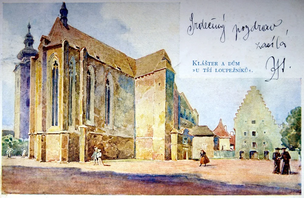 Piaristické náměstí na konci 19. století (akvarel). Jmenovaný dům U Tří loupežníků v pozadí se stupňovitým štítem.