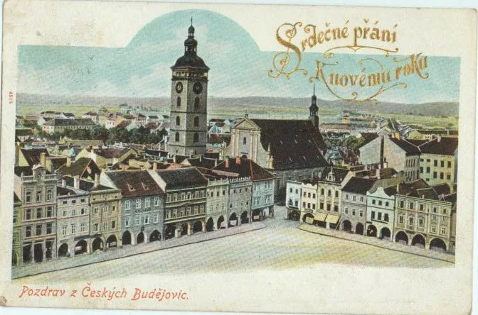 Černá věž hlídající a ovládající historické centrum Budějc před rokem 1908