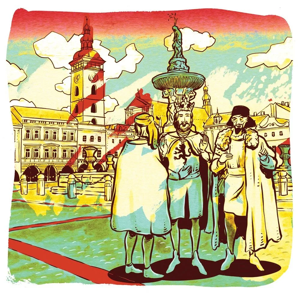 Zleva Hirzo, Přemysl Otakar II. a Čéč