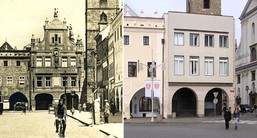 Vlevo na rohu náměstí stojí novorenesanční záložna z roku 1909, vpravo na stejném místě záložna z roku 1936.