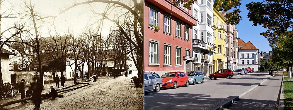 Zátkovo nábřeží po roce 1900 (vlevo) a v současnosti (vpravo) s domovním blokem Savoye.