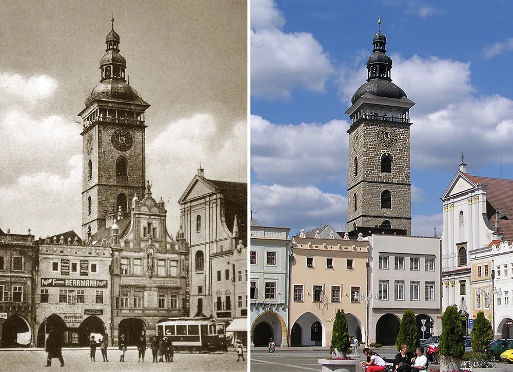 Vlevo Černá věž nad severovýchodním koutem náměstí po roce 1909, vpravo v současné době.