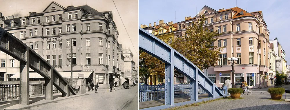 Snímek vlevo Zlatý most a za ním Savoy v roce 1932, vpravo stejné místo dnes.