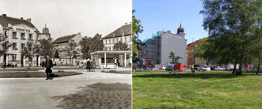 Mariánské náměstí s GRAND BIO v roce asi 1942 a bez GRAND BIA dnes.
