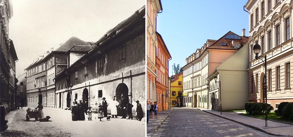 Vlevo solnice v České ulici kolem roku 1900, vpravo gymnázium v České 64.