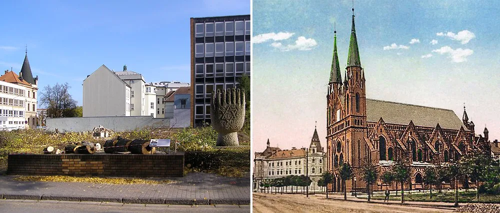 Vlevo Gerstnerova ulice v roce 2013 před stavbou parkovacího domu, vpravo synagoga před rokem 1942.