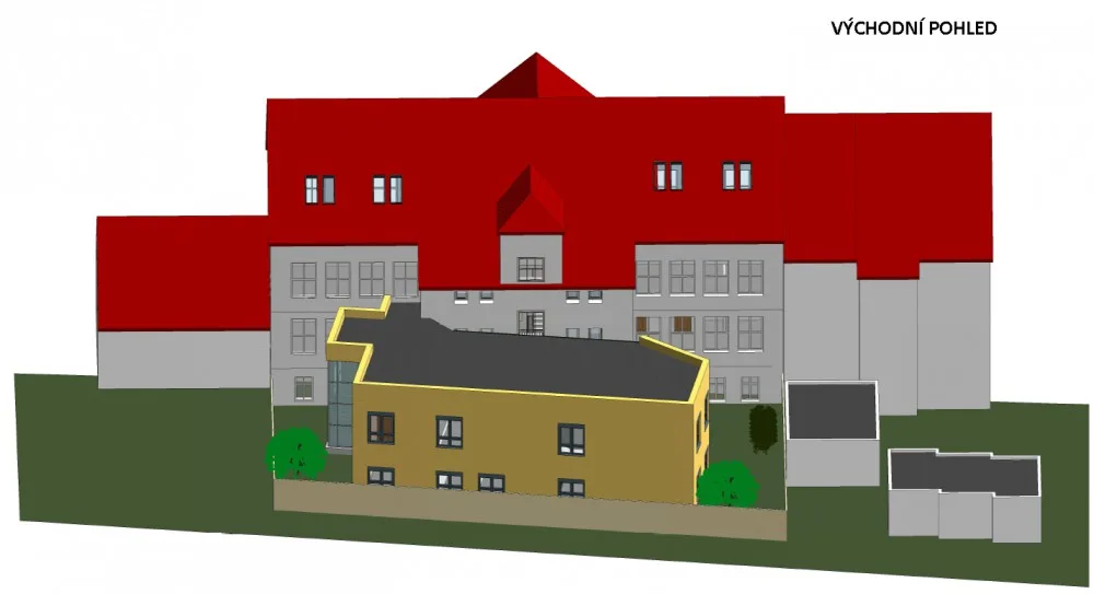 Do dvou let by mělo u stávající budovy ZSF JU v Českých Budějovicích vyrůst Simulační centrum pro zdravotnické obory. Studenti se tu budou učit v místnostech co nejvíce podobných reálnému prostředí. Foto: Vizualizace Zdravotně sociální fakulty JU.
