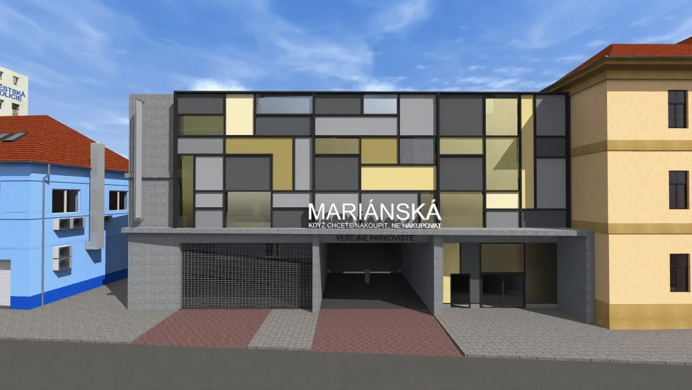 Vizualizace komplexu nového nákupního centra a parkhausu Mariánská v Českých Budějovicích.