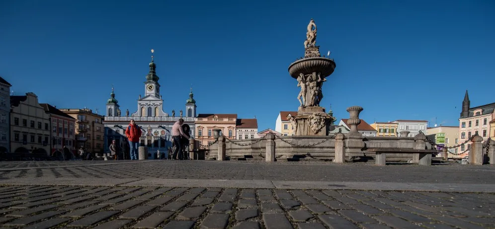 Samsonova kašna v centru Budějc.