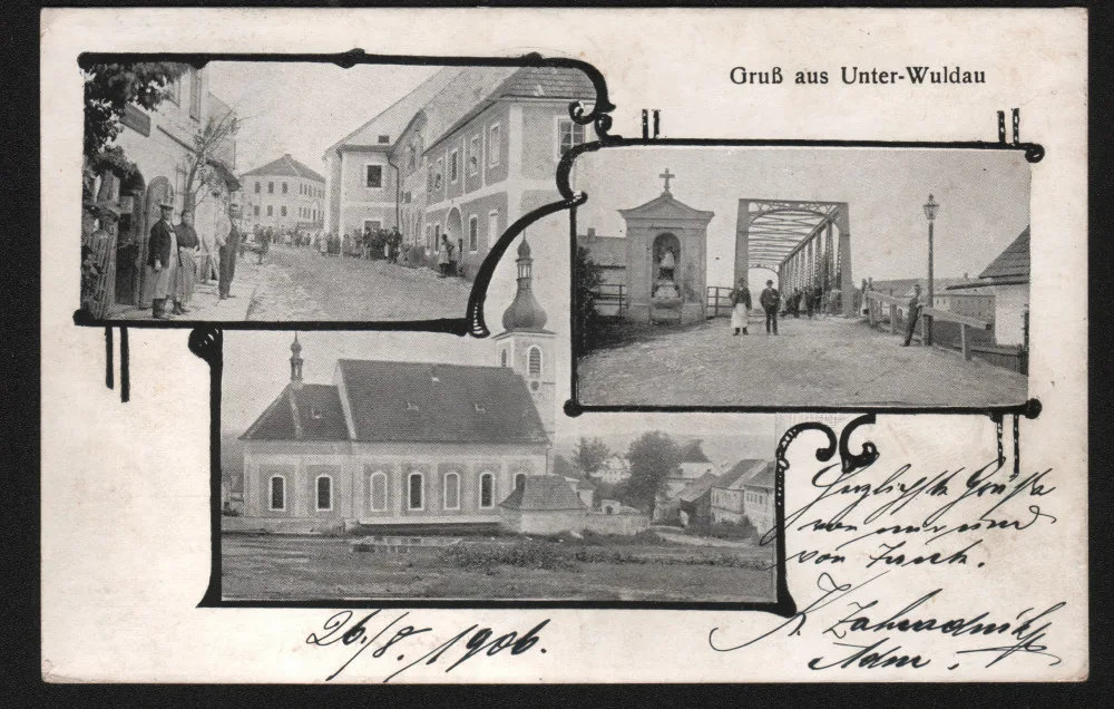 Okénková pohlednice Dolní Vltavice – ulice, železný most přes Vltavu, kostel sv. Linharta.  (Autor neuveden, odesláno 26. 8. 1906, zdroj: sbírka Dr. Otto Spitzenberger)