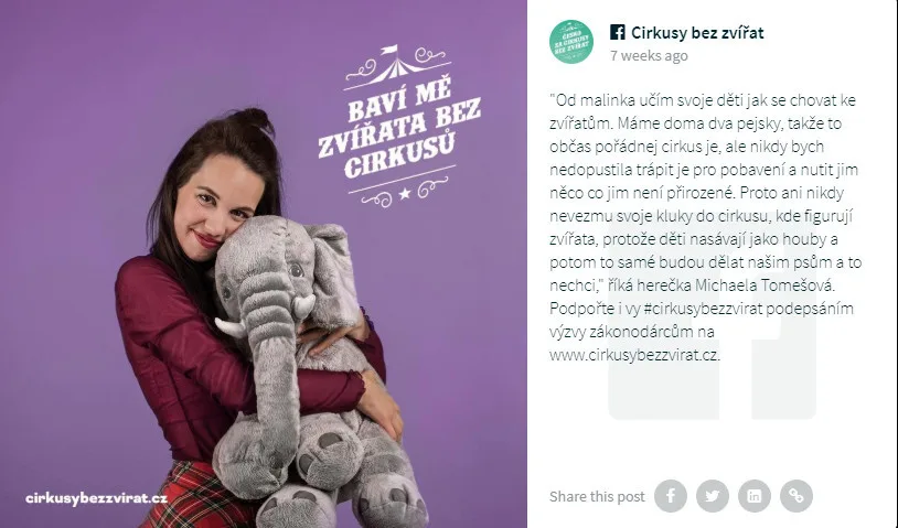Divoká zvířata do šapitó nepatří, kampaň chce Cirkusy bez zvířat! Podporují ji i známé osobnosti