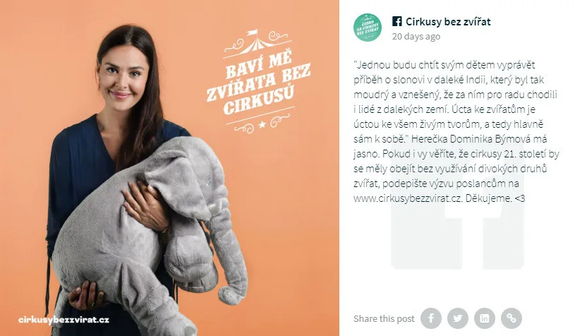 Divoká zvířata do šapitó nepatří, kampaň chce Cirkusy bez zvířat! Podporují ji i známé osobnosti