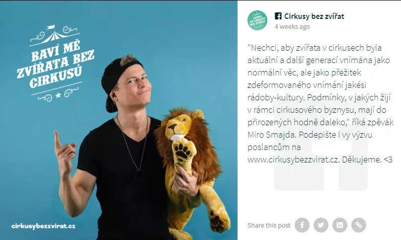 Divoká zvířata do šapitó nepatří, kampaň chce Cirkusy bez zvířat! Podporují ji i známé osobnosti