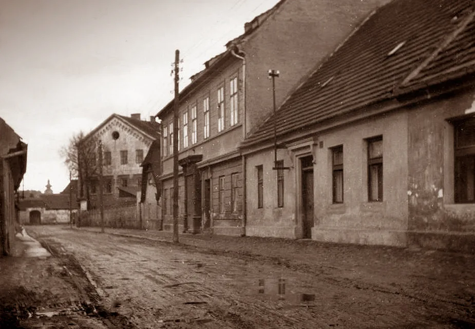 Staroměstská ulice ve směru ke škole a dále vlevo do města v roce 1950.