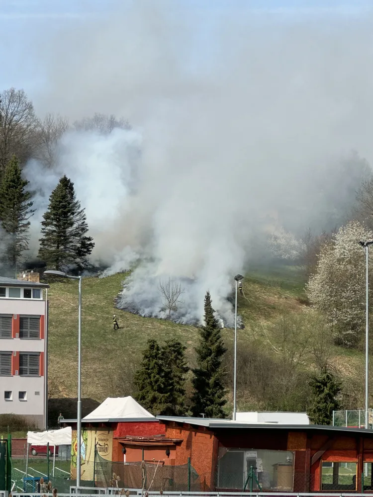 Požár se v Českém Krumlově rozšířil na smrky. Hasiči oheň zlikvidovali