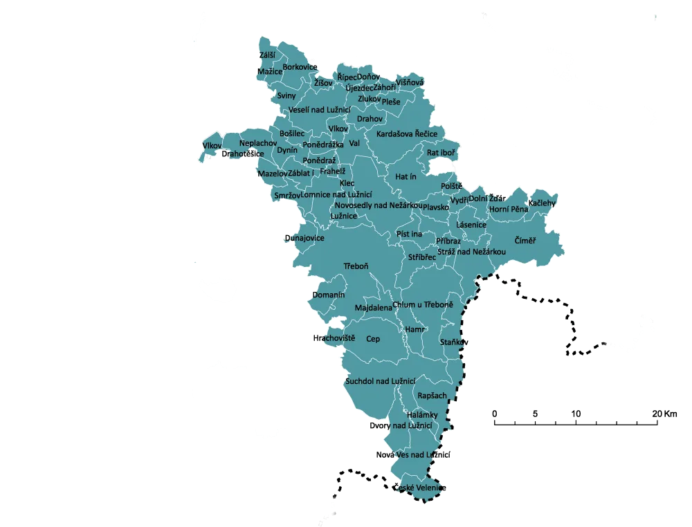 Mapa území Místní akční skupiny Třeboňsko, které zahrnuje 61 obcí Jihočeského kraje.