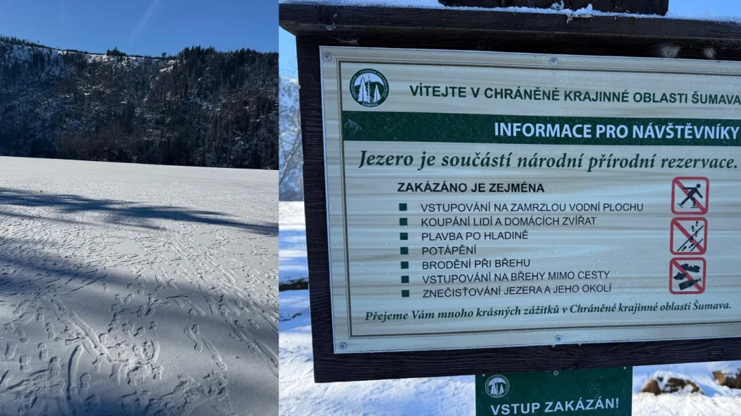 Návštěvníci Šumavy masivně vstupují na plochu zamrzlých jezer. Porušují tak zákon a riskují tučnou pokutu