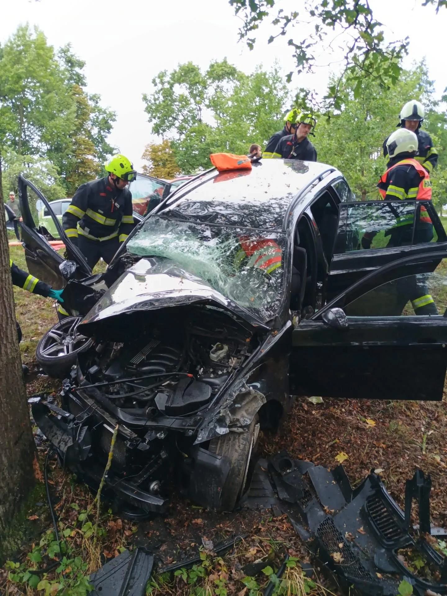 Vážná nehoda u Břehova. Auto narazilo do stromu, zraněného vyprošťovali hasiči