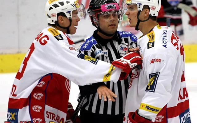 Že by se spoluhráči poprali? Ale ne, to jen Tomáš Hertl (vlevo) umravňuje Petra Kaluse