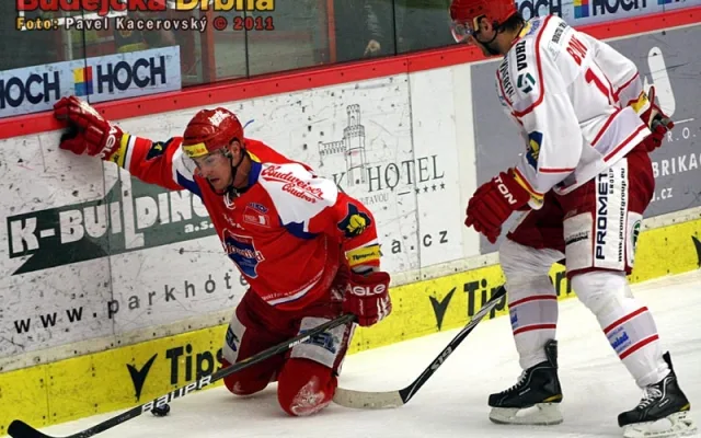 Domácí Aleš Kotalík (v kleče) a Radek Bonk