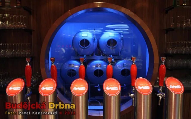 Robustní bar s kruhovým průhledem na pivní tanky
