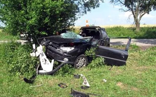 Peugeot 206 po nárazu do stromu u Nesměně
