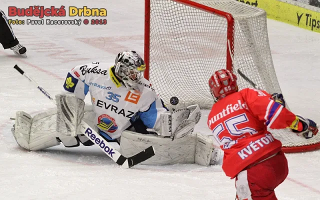 Tenhle moment možná rozhodl celý zápas. Kdyby Lukáš Květoň v tutové šanci skvělého Šindeláře překonal, Mountfield ještě mohl pomýšlet na vyrovnání