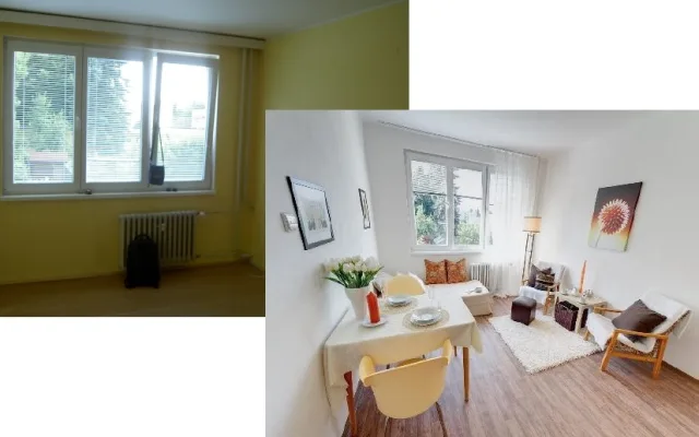 HOME STAGING - Garsoniéra, obývací pokoj před a po