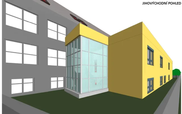 Do dvou let by mělo u stávající budovy ZSF JU v Českých Budějovicích vyrůst Simulační centrum pro zdravotnické obory. Studenti se tu budou učit v místnostech co nejvíce podobných reálnému prostředí. Foto: Vizualizace Zdravotně sociální fakulty JU.