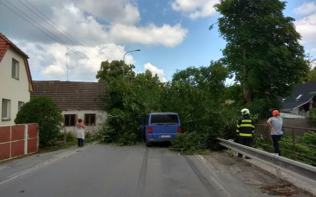 U Tábora spadl strom na projíždějící auto.