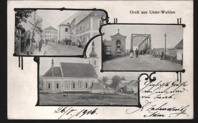 Okénková pohlednice Dolní Vltavice – ulice, železný most přes Vltavu, kostel sv. Linharta.  (Autor neuveden, odesláno 26. 8. 1906, zdroj: sbírka Dr. Otto Spitzenberger)