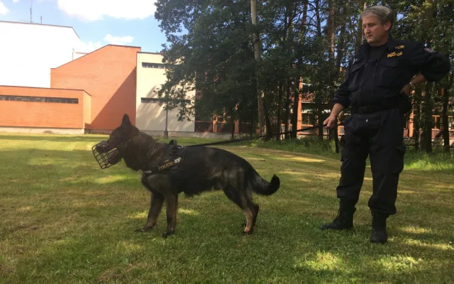 Policejní pes a jeho psovod.