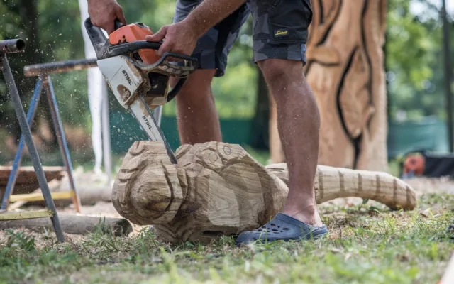 Před areálem Zoo Hluboká probíhá dřevosochařské sympozium pod názvem Obři z trávy.