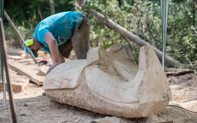 Před areálem Zoo Hluboká probíhá dřevosochařské sympozium pod názvem Obři z trávy.