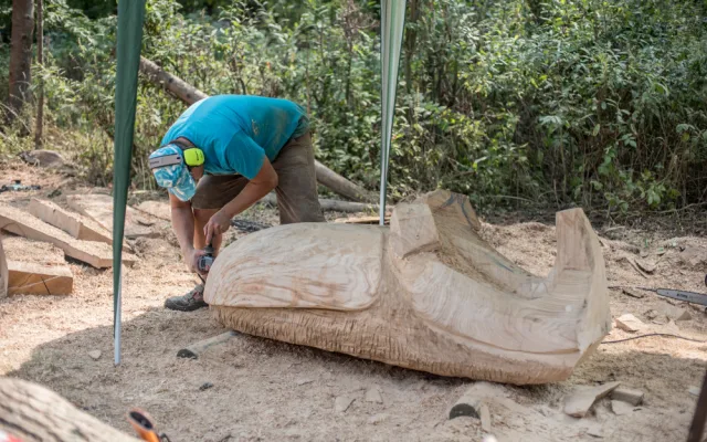 Před areálem Zoo Hluboká probíhá dřevosochařské sympozium pod názvem Obři z trávy.