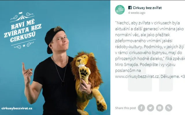 Divoká zvířata do šapitó nepatří, kampaň chce Cirkusy bez zvířat! Podporují ji i známé osobnosti