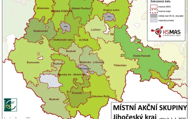 Mapa Jihočeského kraje s vyznačením pokrytí místními akčními skupinám