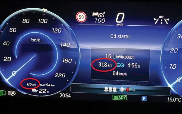 Statistiky z EQB od Milan Král na trase České Budějovice – Plzeň a zpět: „Překvapil jsem sám sebe, protože při plném dobití hlásilo auto dojezd 376 km. Já i s pojížďkami po Plzni ujel 318 km a ještě mi zůstalo nabito na dalších 85 km.