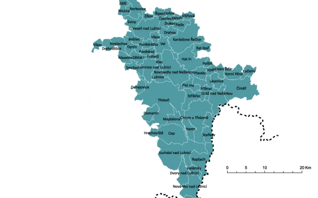 Mapa území Místní akční skupiny Třeboňsko, které zahrnuje 61 obcí Jihočeského kraje.