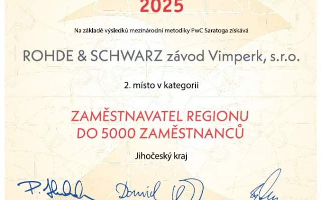 Zaměstnavatel, který si drží úroveň: Rohde &amp; Schwarz Vimperk opět mezi nejlepšími